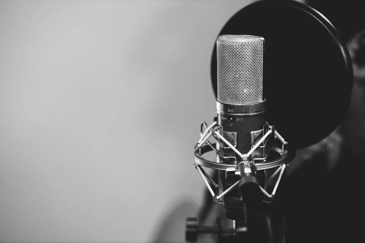 Micrófono de estudio en su suspensión con filtro antipop